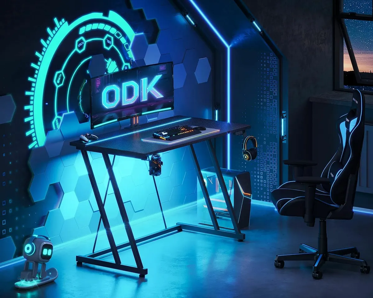 Gaming Desk with LED Lights Table Cup Holder and - Image 2