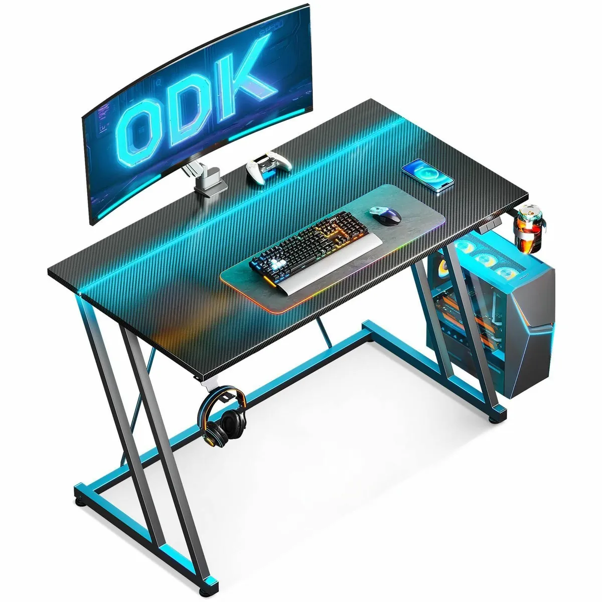 Gaming Desk with LED Lights Table Cup Holder and - Image 1