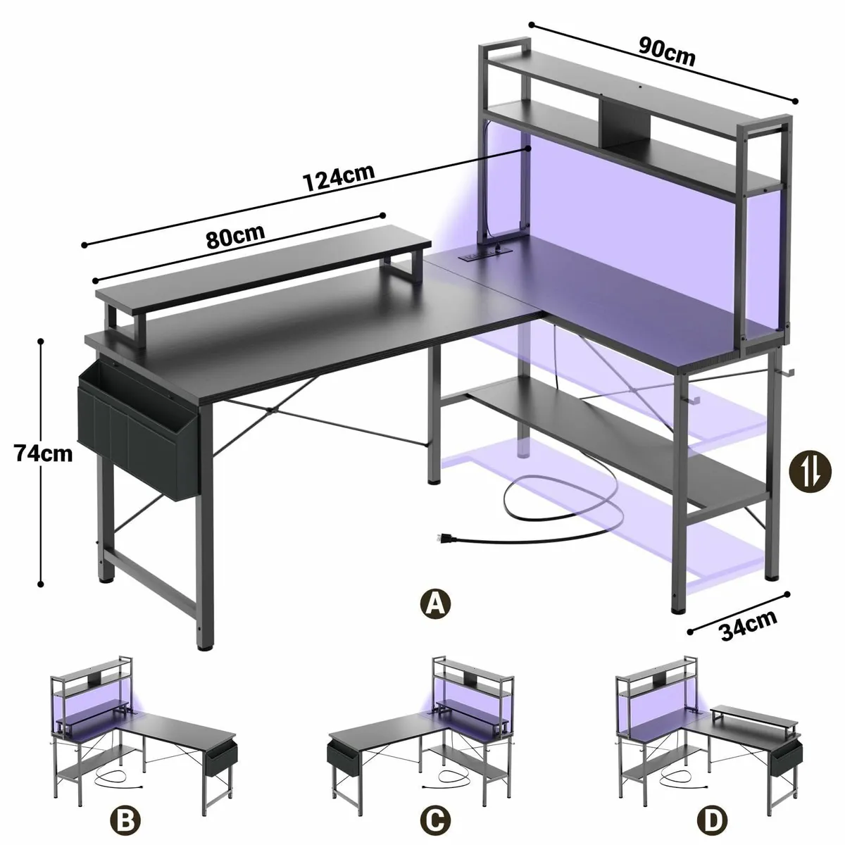 L Shaped Gaming Desk with Power Outlets LED - Image 2
