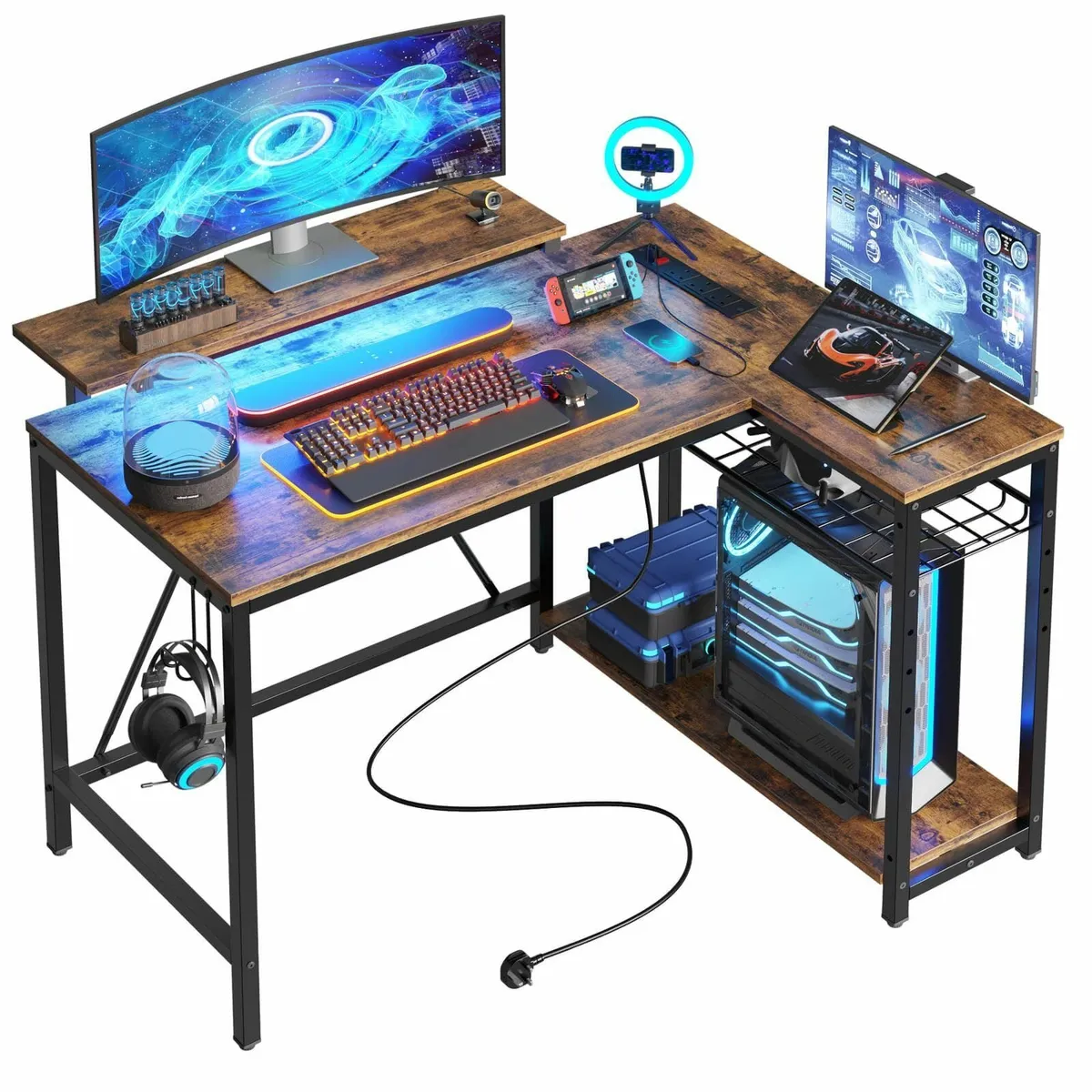 106.5CM L-Shaped Desk with 3 Power Outlets 2 USB - Image 1