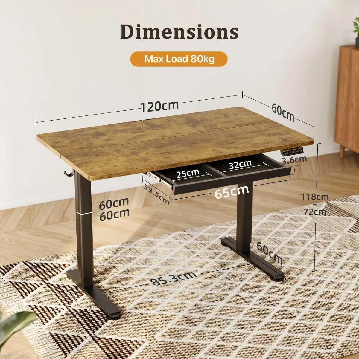 Electric Standing Desk with Drawer 120 x 60 cm - Image 3