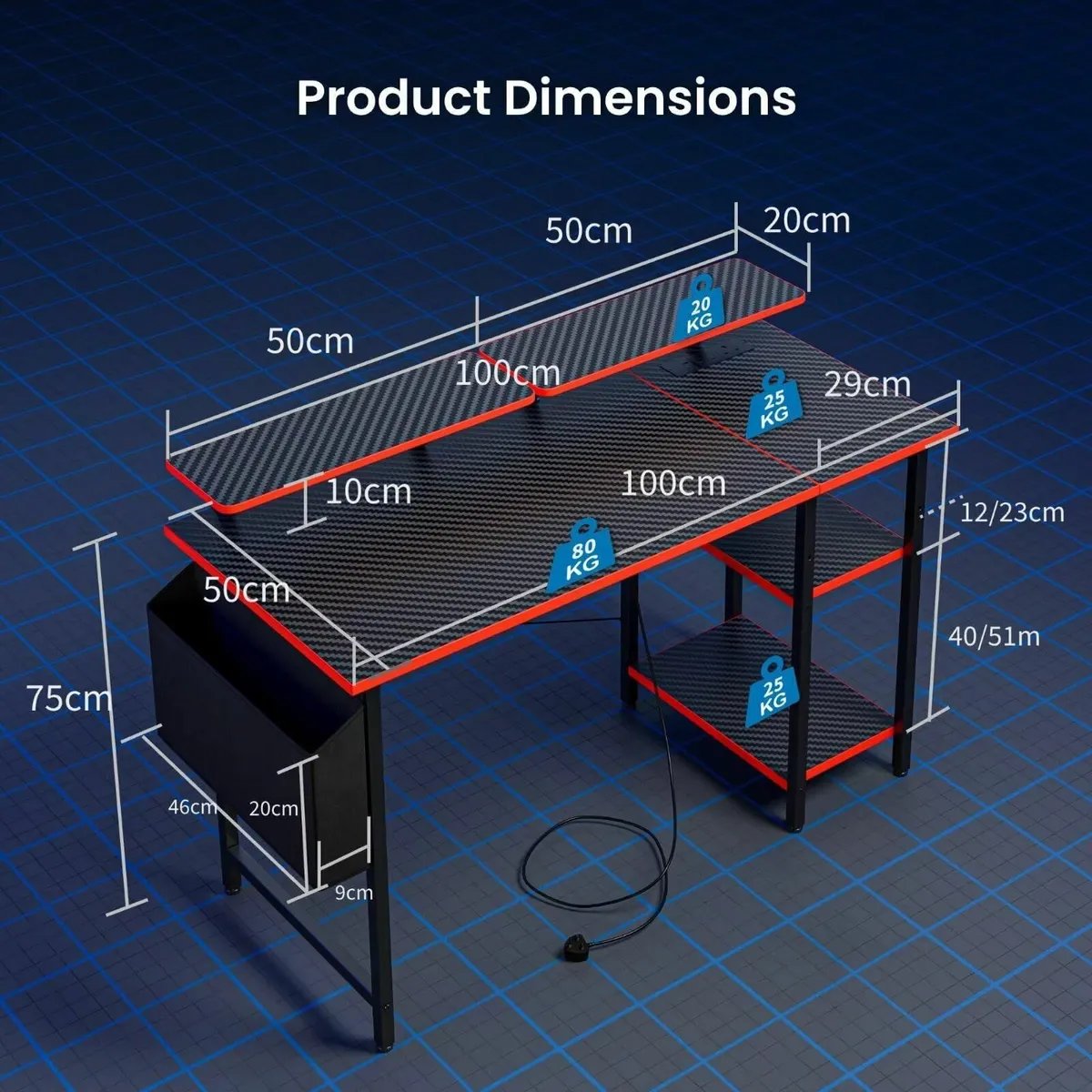 Gaming Desk with LED Lights Power Outlets - Image 2