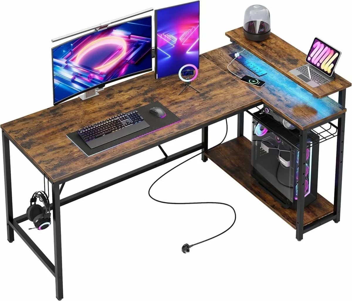 147CM L-Shaped Desk with Power Outlets LED Lights - Image 1
