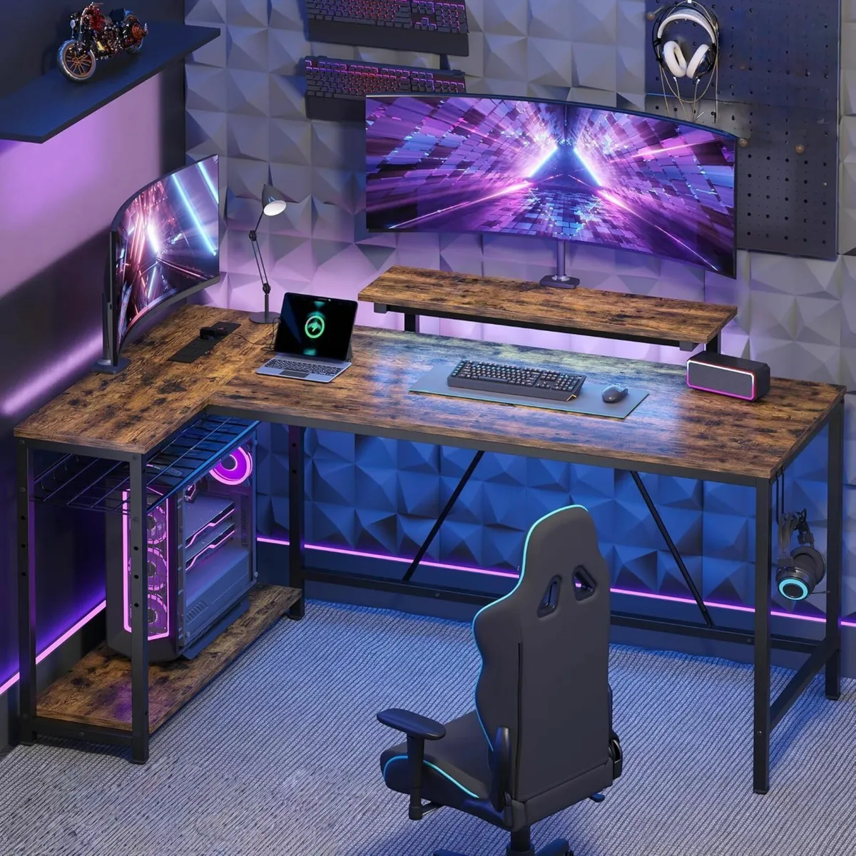 147CM L-Shaped Desk with Power Outlets LED Lights - Image 4