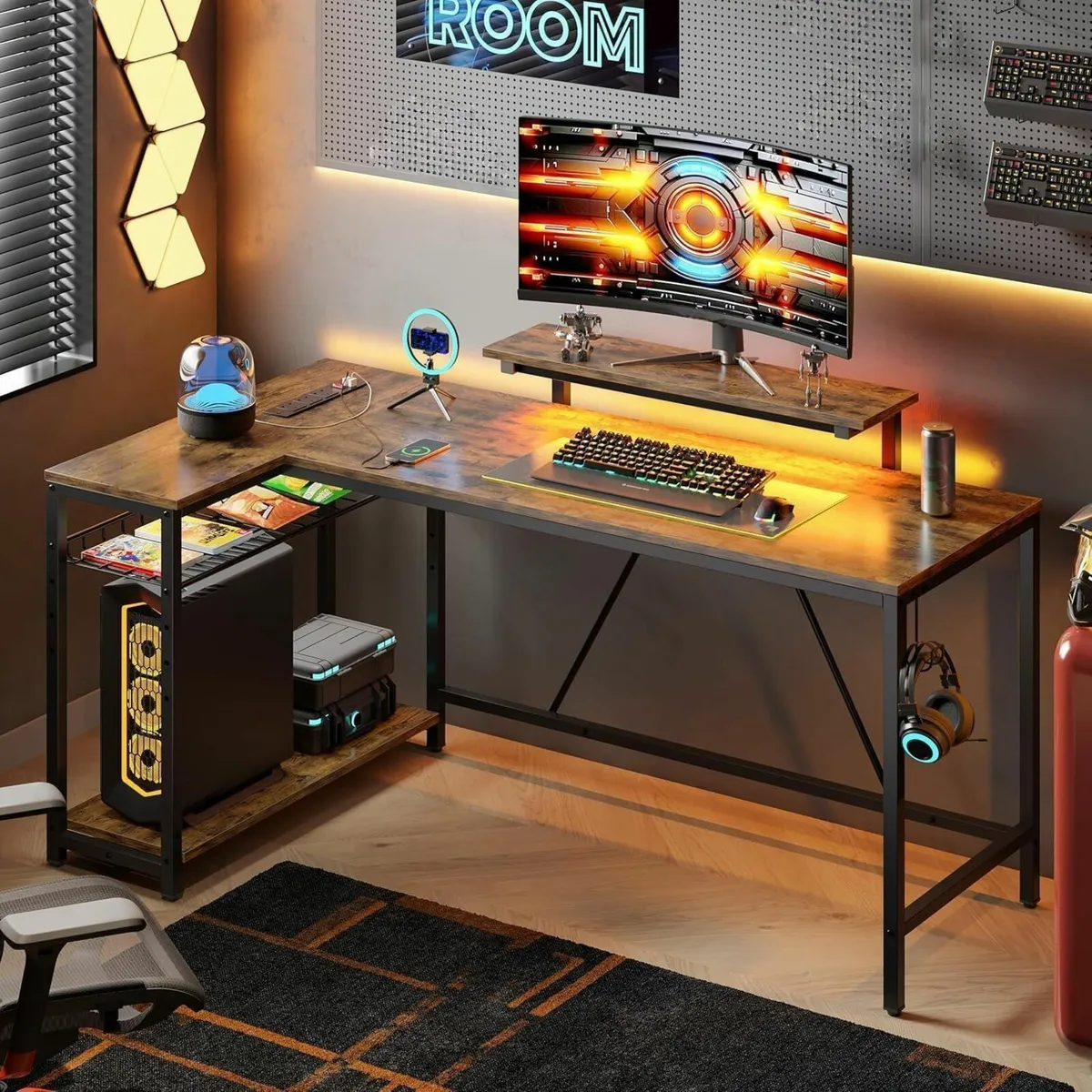 147CM L-Shaped Desk with Power Outlets LED Lights - Image 2