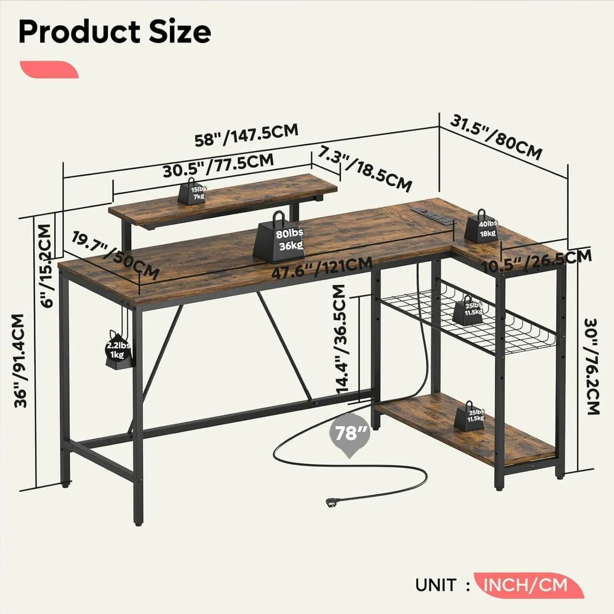 147CM L-Shaped Desk with Power Outlets LED Lights - Image 3