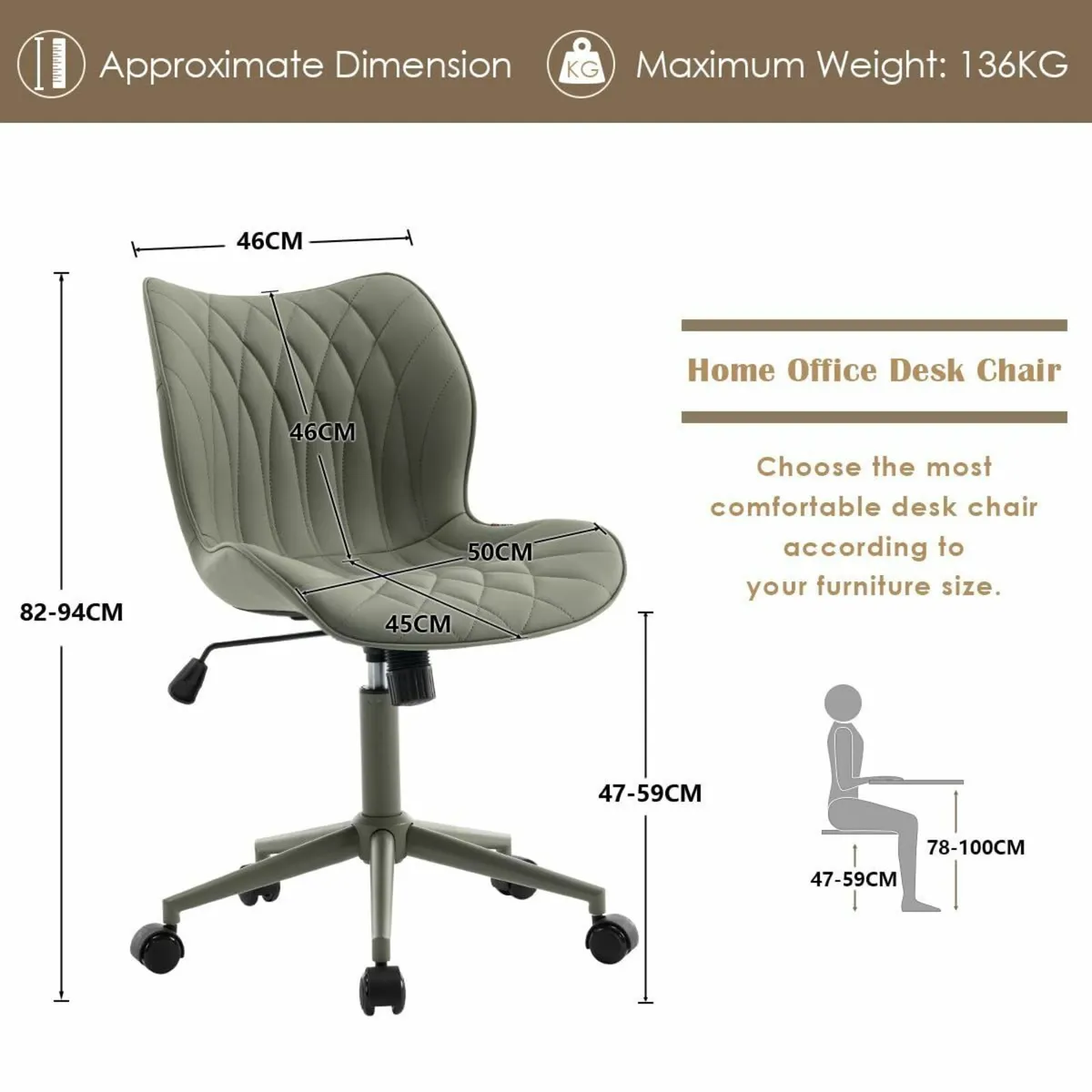Armless Office Chair Comfy Adjustable Desk for - Image 2