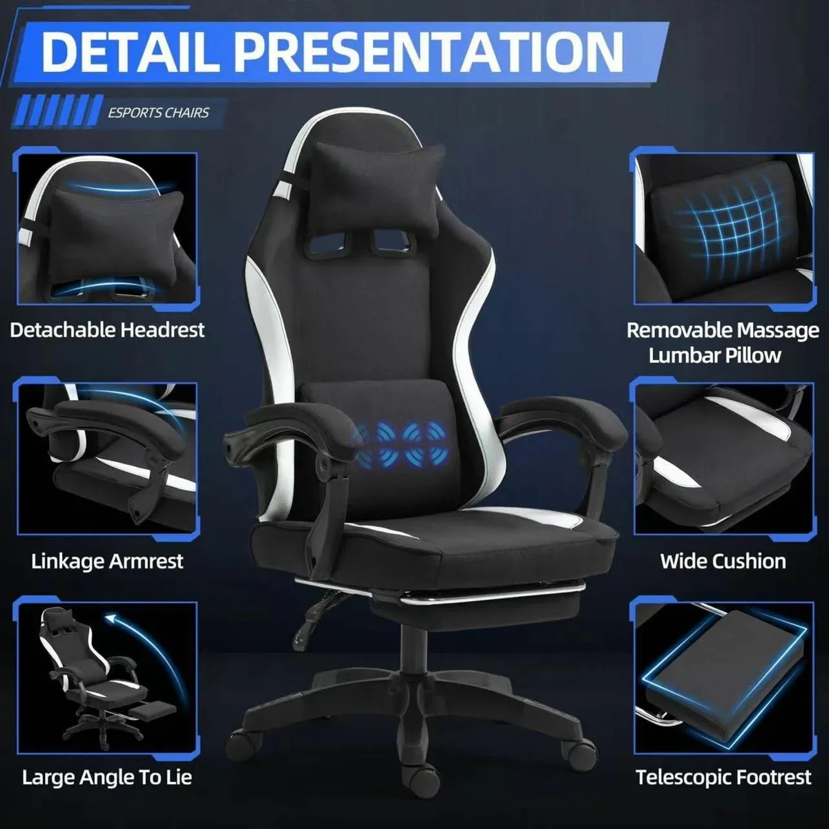 Fabric Massage Gaming Chair Ergonomic Computer - Image 4