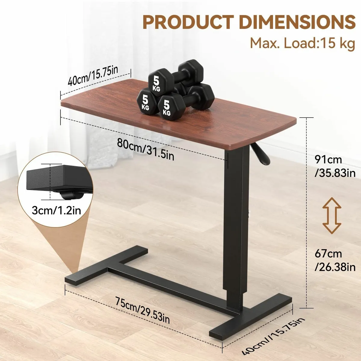Overbed Bedside Table with Wheels 67-91cm - Image 3