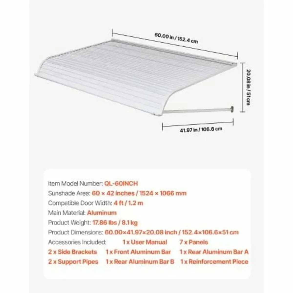 Window Awning Door Canopy 60x42 in Aluminum Alloy - Image 2