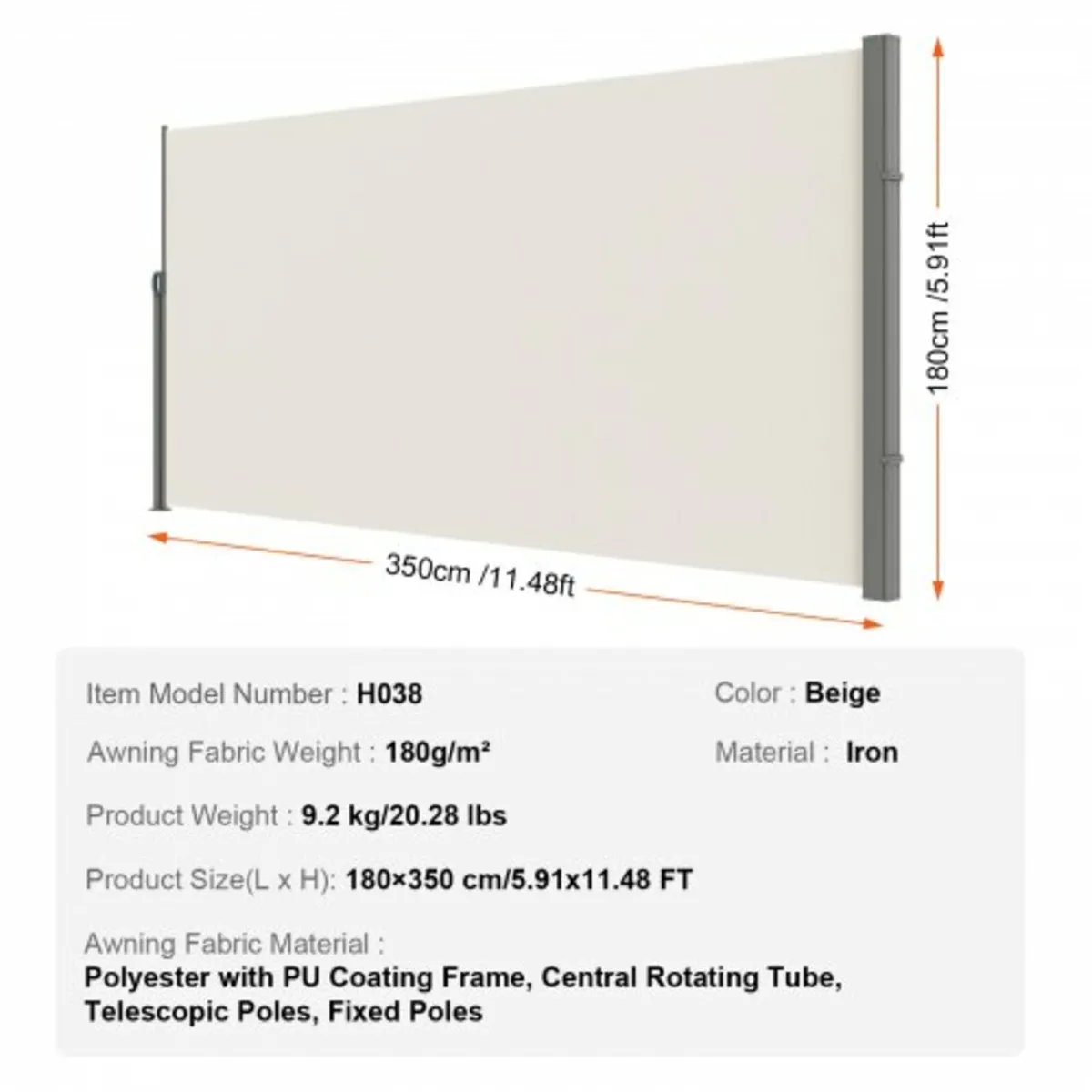 Retractable Side Awning, 71''x 138'' Outdoor Priva - Image 2