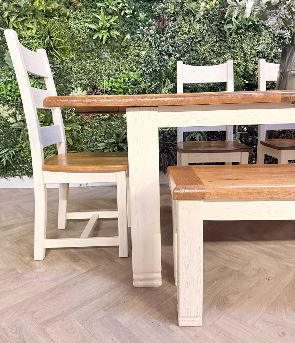 Extending oak kitchen table, 4 chairs & bench - Image 4
