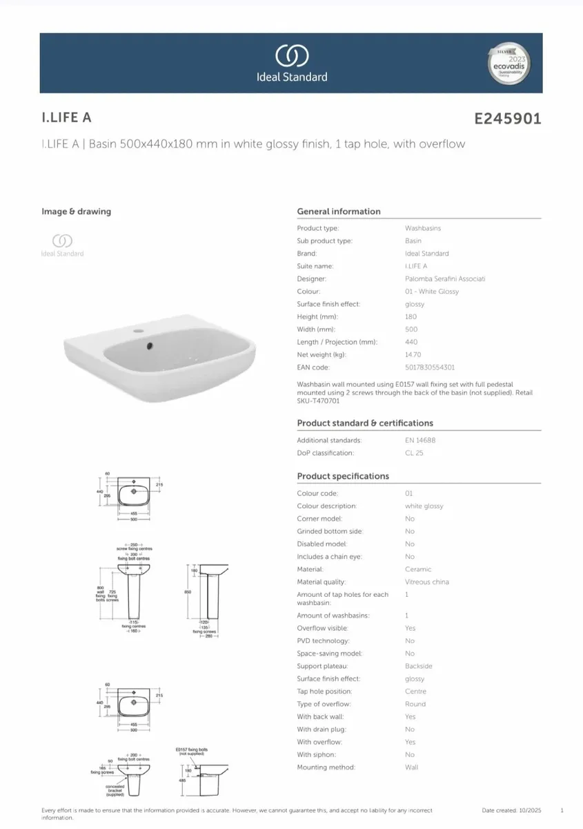 Ideal Standard Bathroom Sink & Pedestal (500mm) - Image 1