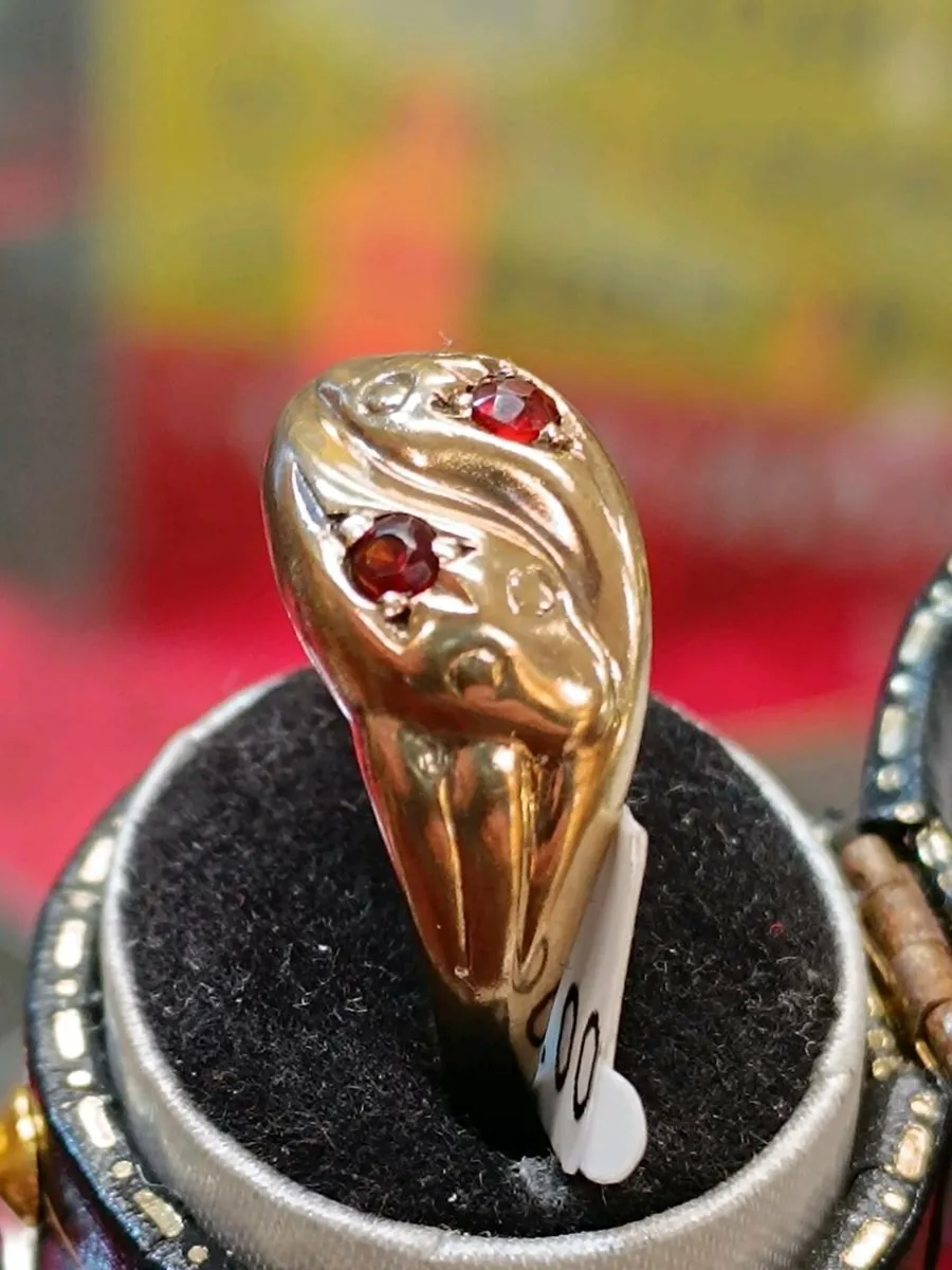 Double Snake 9k Gold & Garnet Ring - Image 2