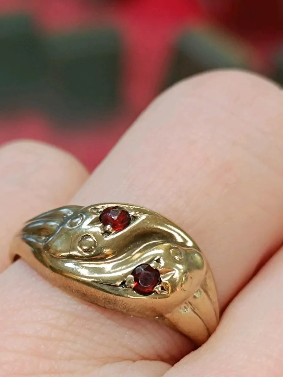 Double Snake 9k Gold & Garnet Ring - Image 3