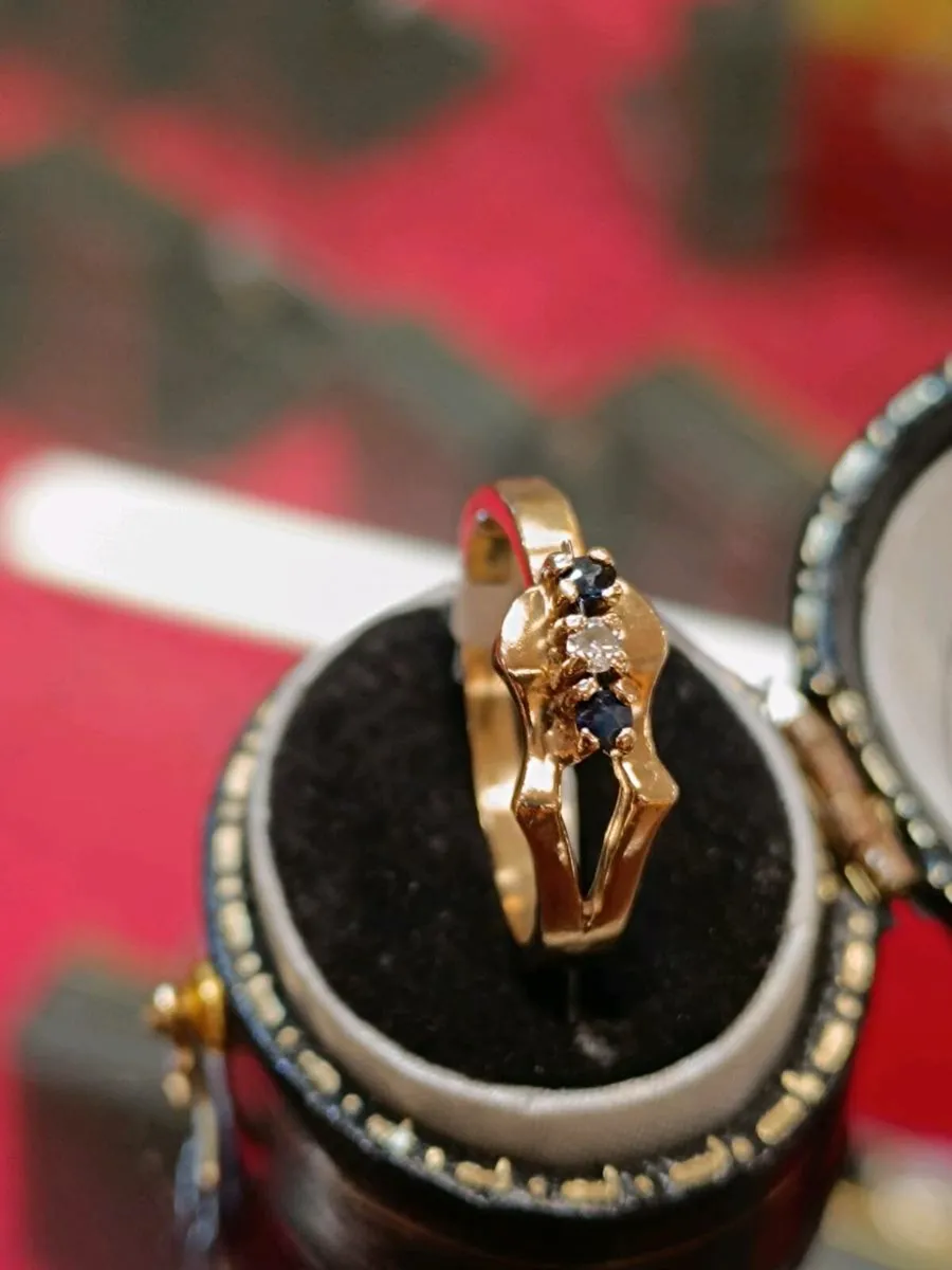 Vintage 9k Gold Diamond & Sapphire Ring - Image 1