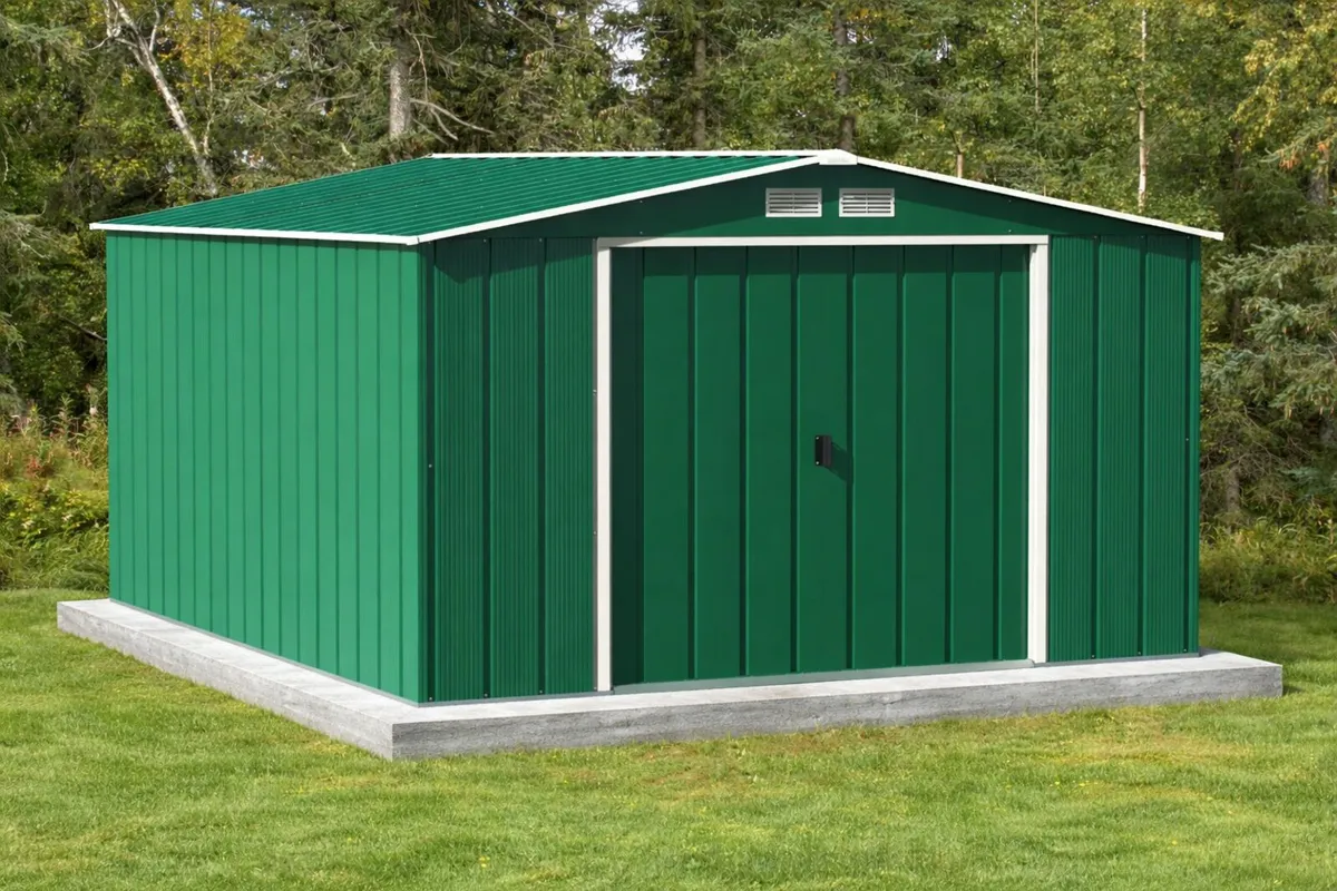 10×12 ECO Steel Garden Shed – Green +Floor Frame - Image 1
