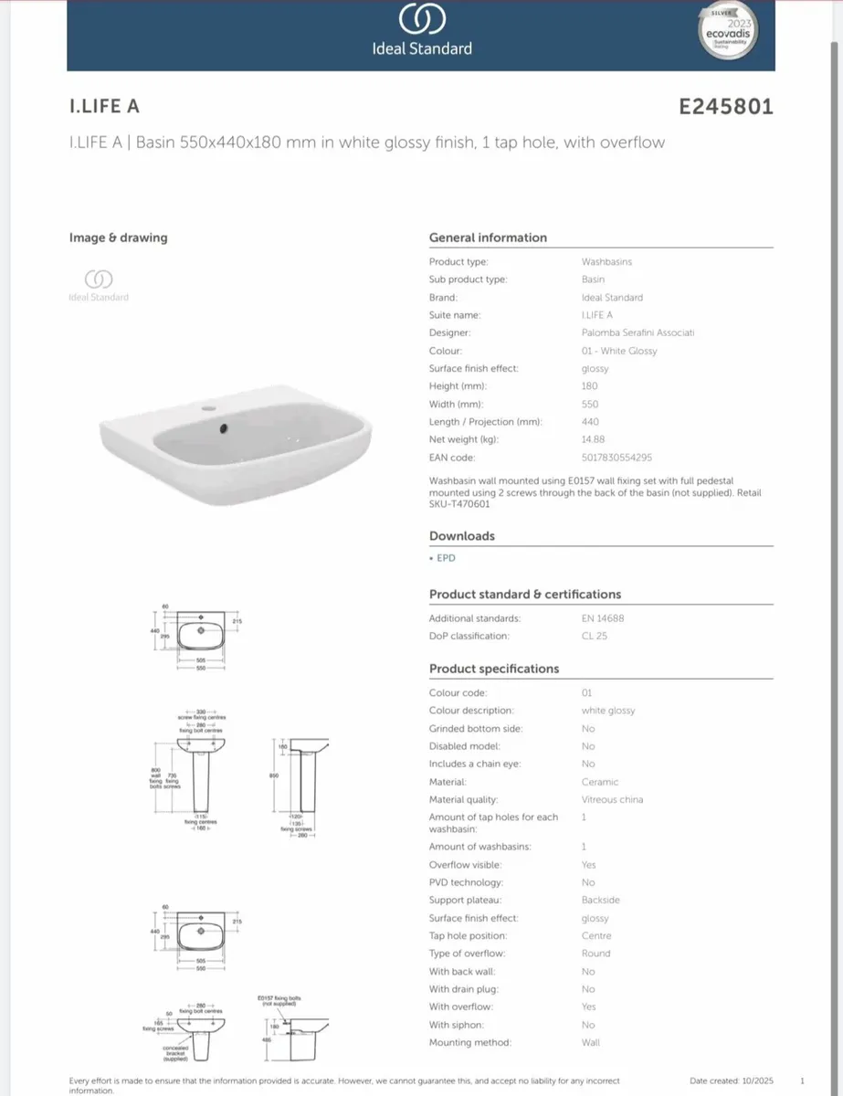 Ideal Standard Bathroom Sink & Pedestal (550mm) - Image 1