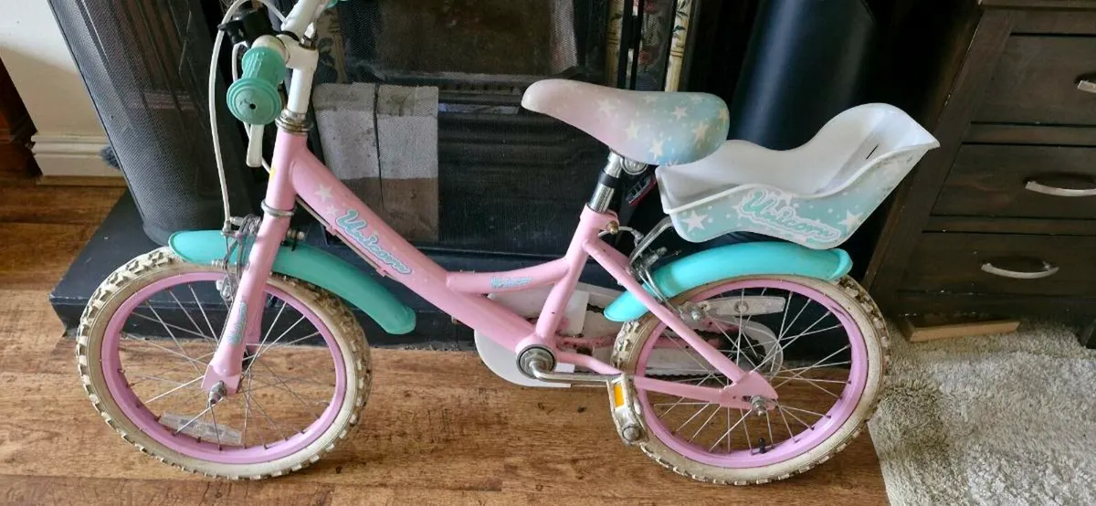16 Inch Unicorn Bike with Doll Carrier Pink - Image 1