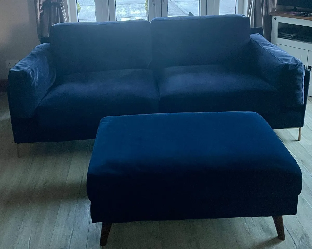 3 Seater Navy Blue Velvet Sofa & Ottoman - Image 2
