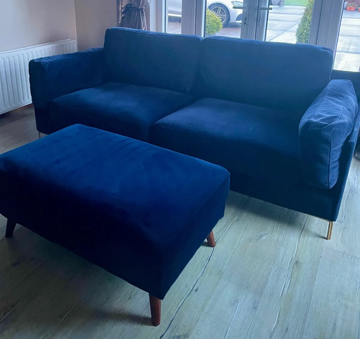 3 Seater Navy Blue Velvet Sofa & Ottoman - Image 3