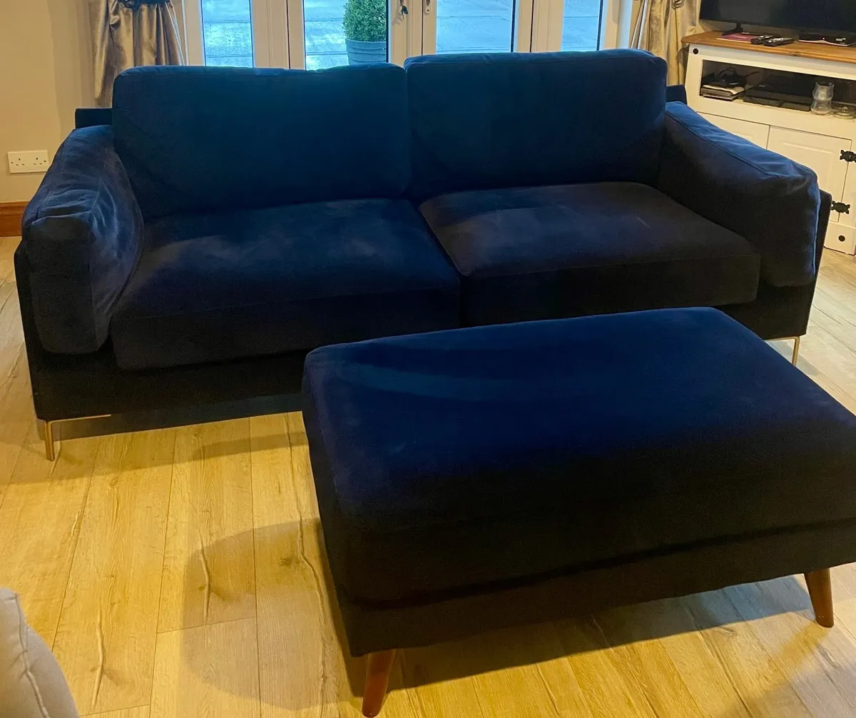 3 Seater Navy Blue Velvet Sofa & Ottoman - Image 1