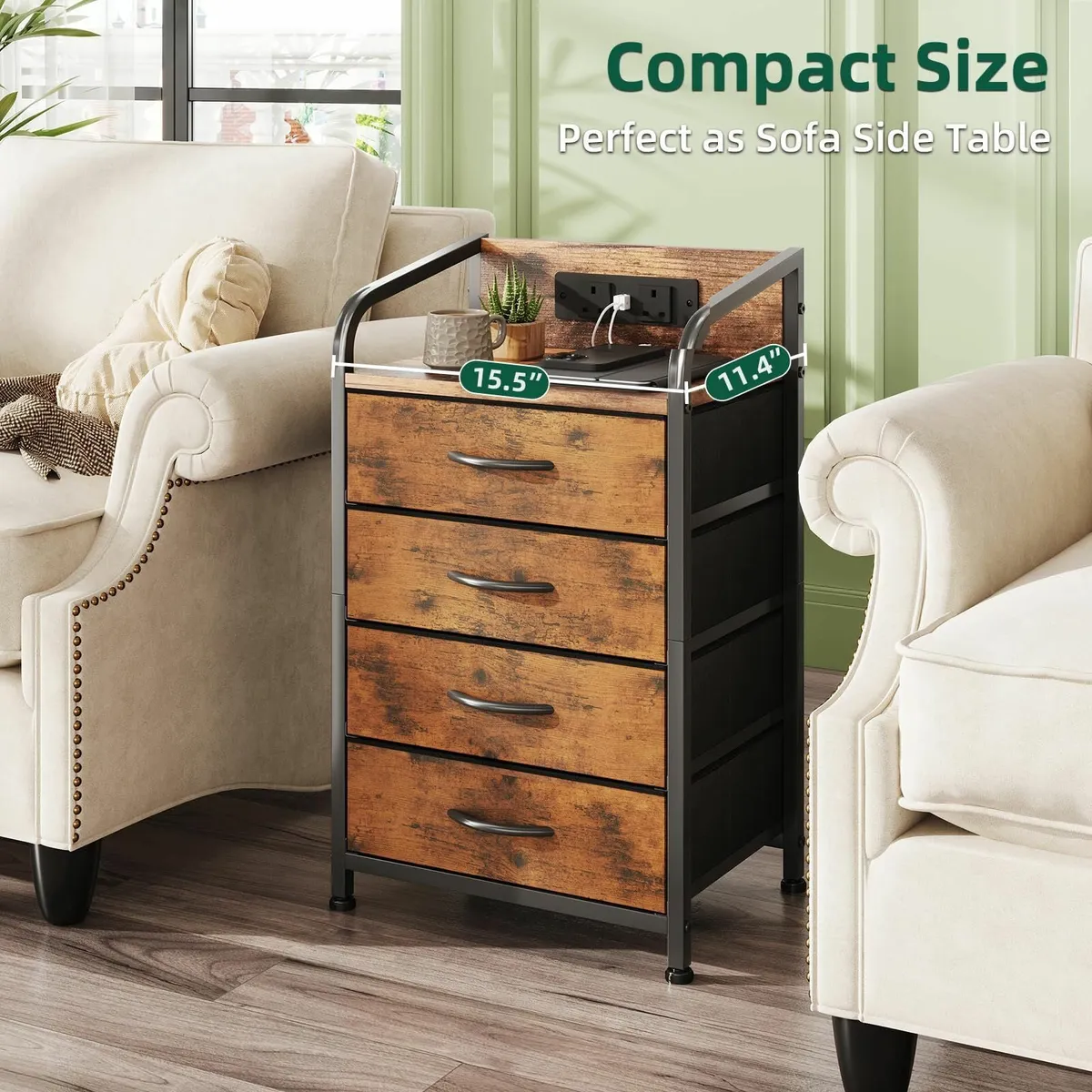 Bedside Table Cabinet with Drawers and Charging - Image 3