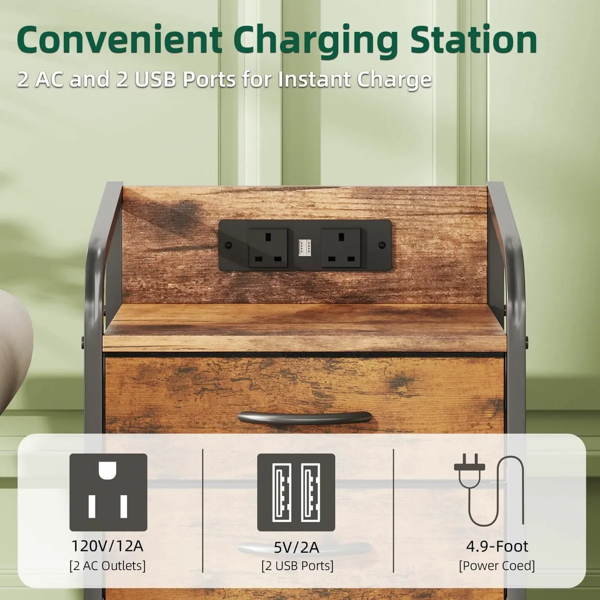 Bedside Table Cabinet with Drawers and Charging - Image 4