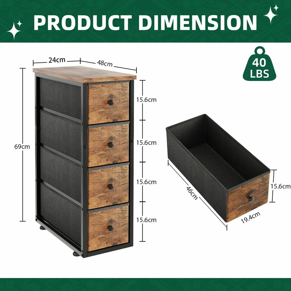 Narrow 5 Drawers Chest Dresser Bedroom Fabric - Image 3