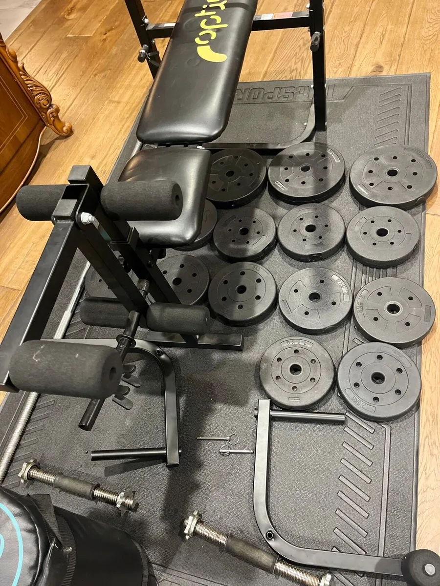 Bench, 20 kg weighted bag , barbell dumbbells and - Image 4