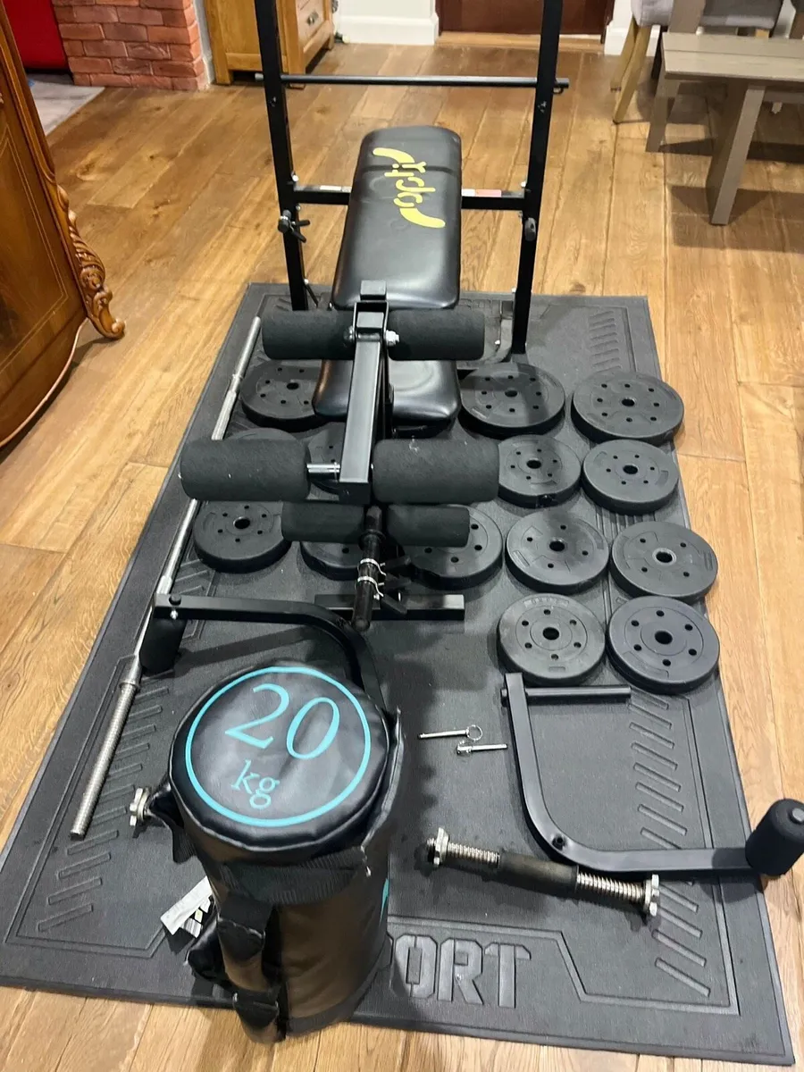 Bench, 20 kg weighted bag , barbell dumbbells and - Image 2