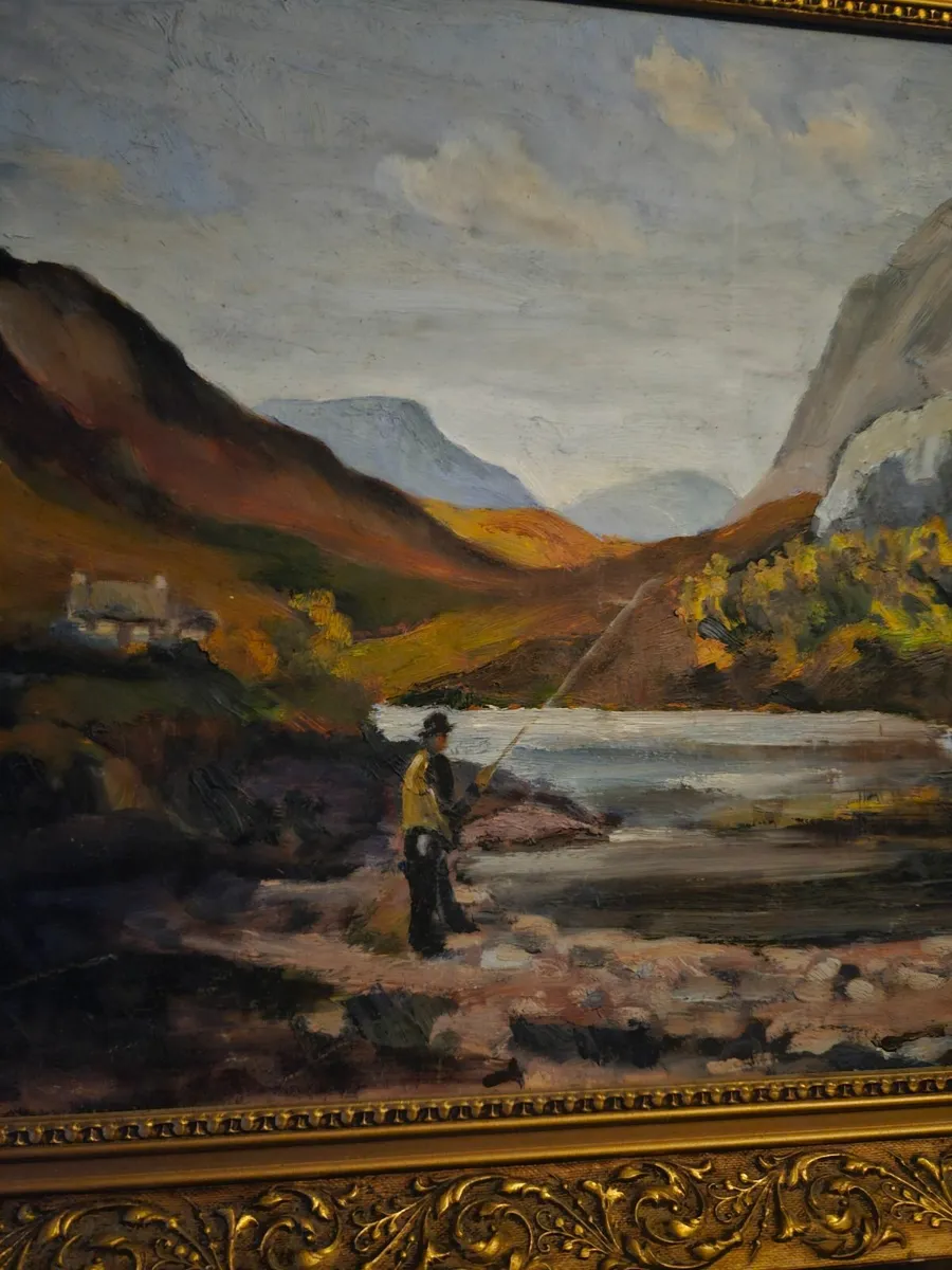 Vintage Oil on Canvas Picture Gone Fishing - Image 3