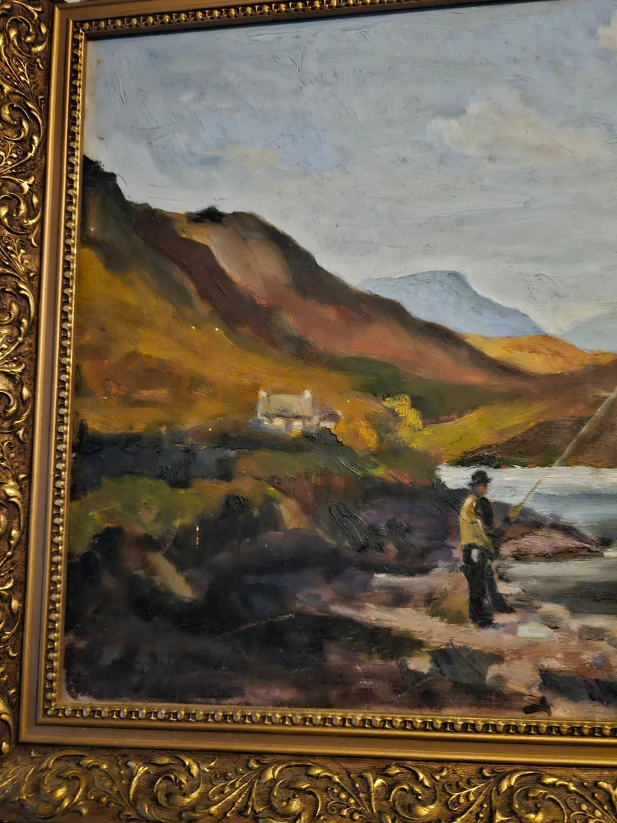 Vintage Oil on Canvas Picture Gone Fishing - Image 4