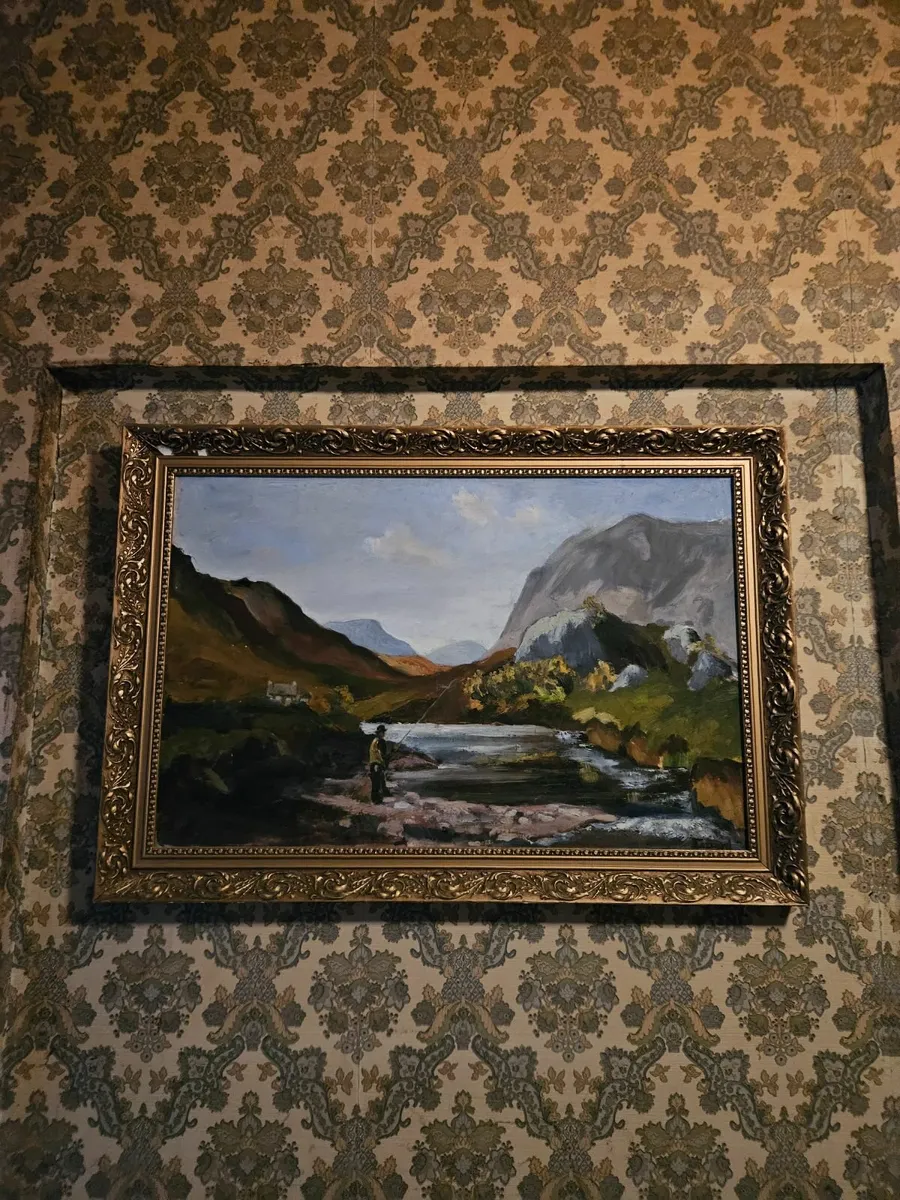 Vintage Oil on Canvas Picture Gone Fishing - Image 1