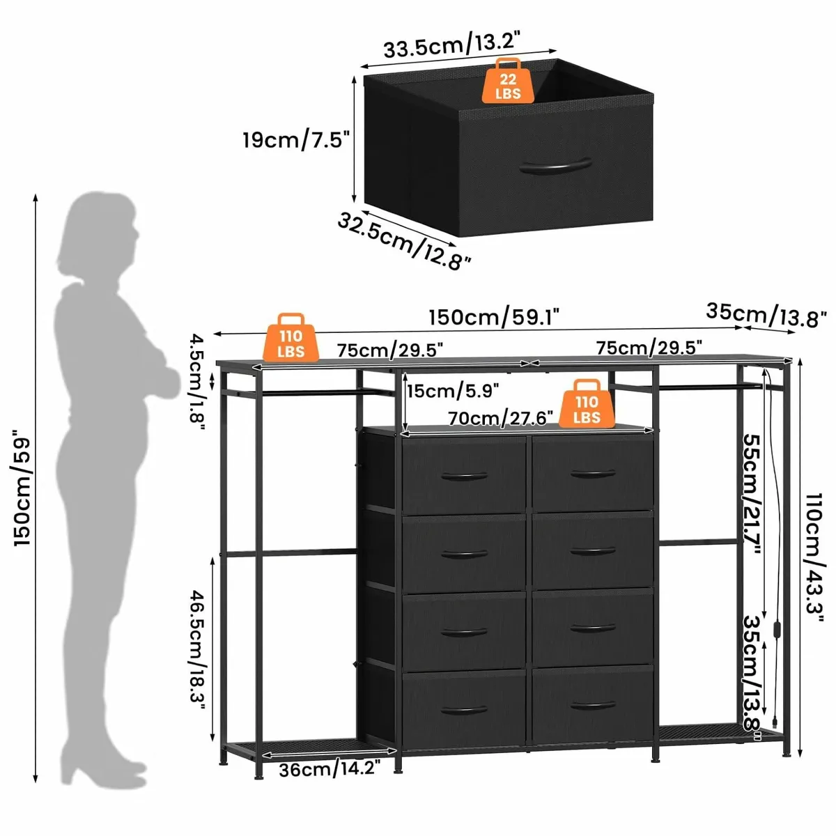 8-Drawer Dresser for Bedroom with Hanging Rack - Image 2