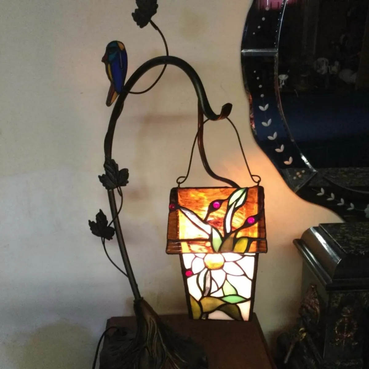 Tiffany Style Stained Glass Birdhouse Table Lamp - Image 3