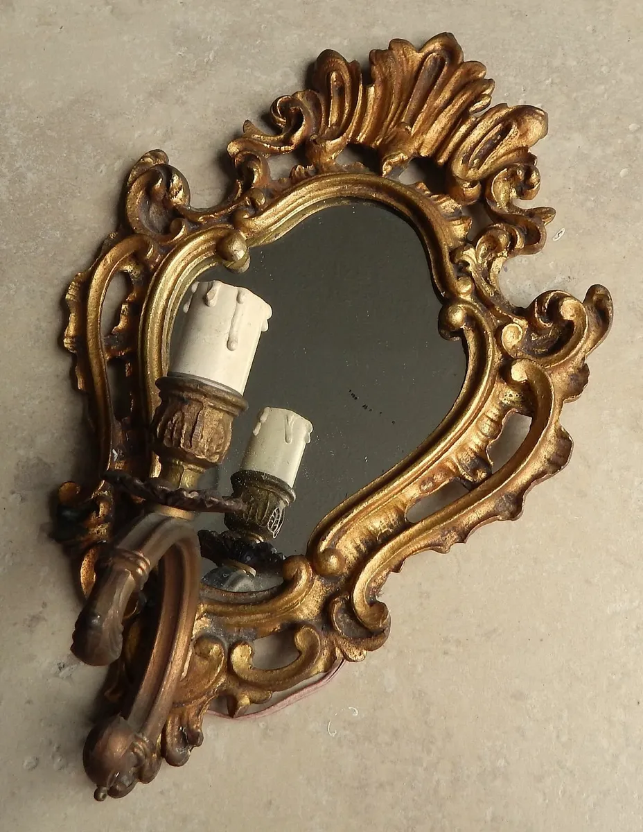 Vintage French Solid Brass Baroque Mirror Sconce - Image 3