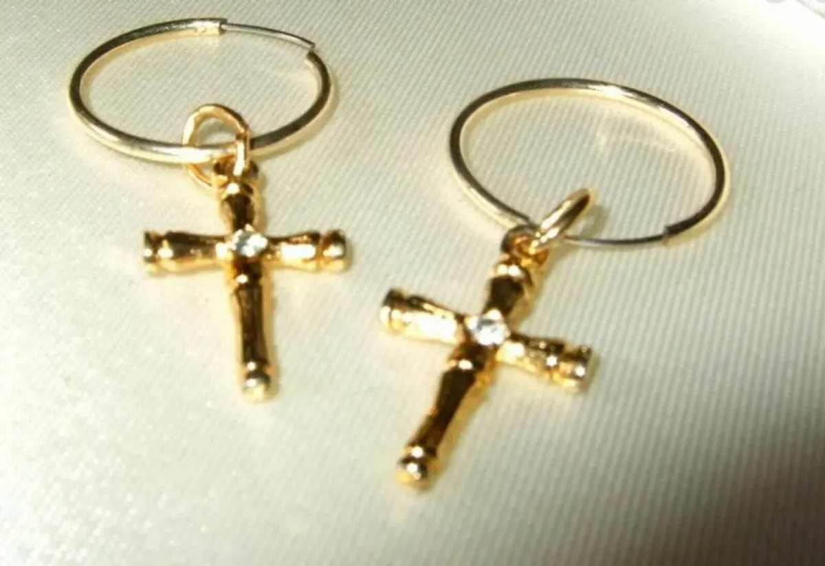 Vintage 9ct Gold Hoops & Gemset Cross Charms - Image 1