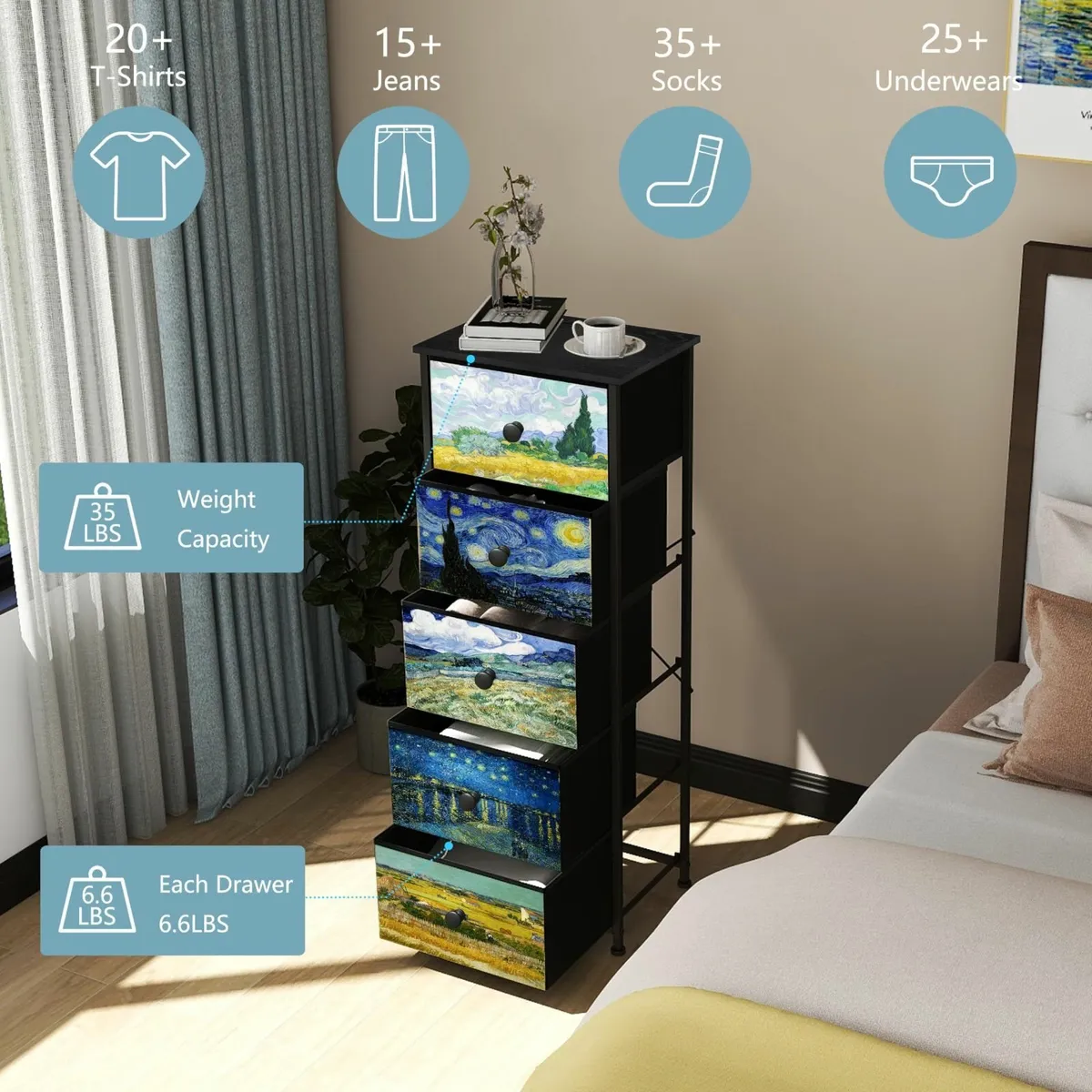 Bedroom Chest of Drawers with 5 Fabric Van Gogh - Image 4