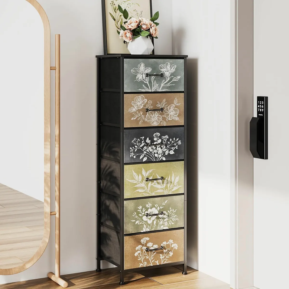 Narrow Tall Chest of Drawers with 6 Fabric Drawer - Image 1