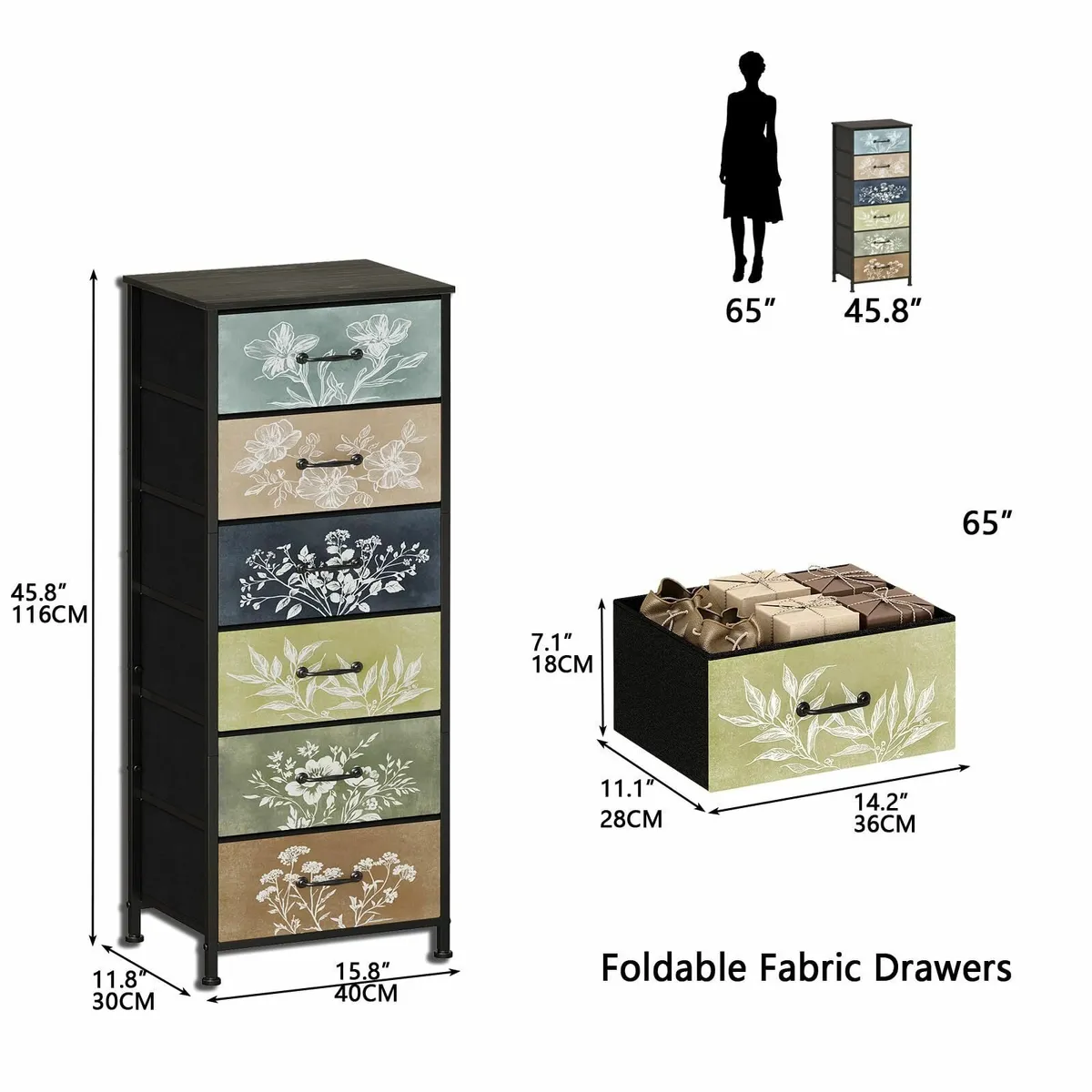 Narrow Tall Chest of Drawers with 6 Fabric Drawer - Image 2