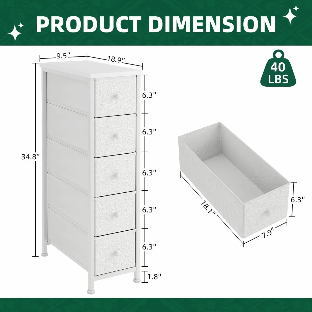 Narrow Chest of Drawers 5 Drawer Dresser Fabric - Image 3