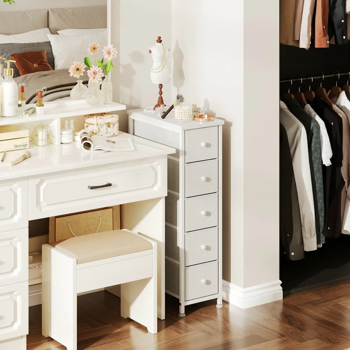 Narrow Chest of Drawers 5 Drawer Dresser Fabric - Image 2