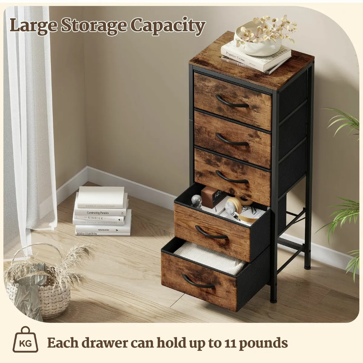 Tall Chest of Drawers Bedroom 5 Fabric Storage - Image 4