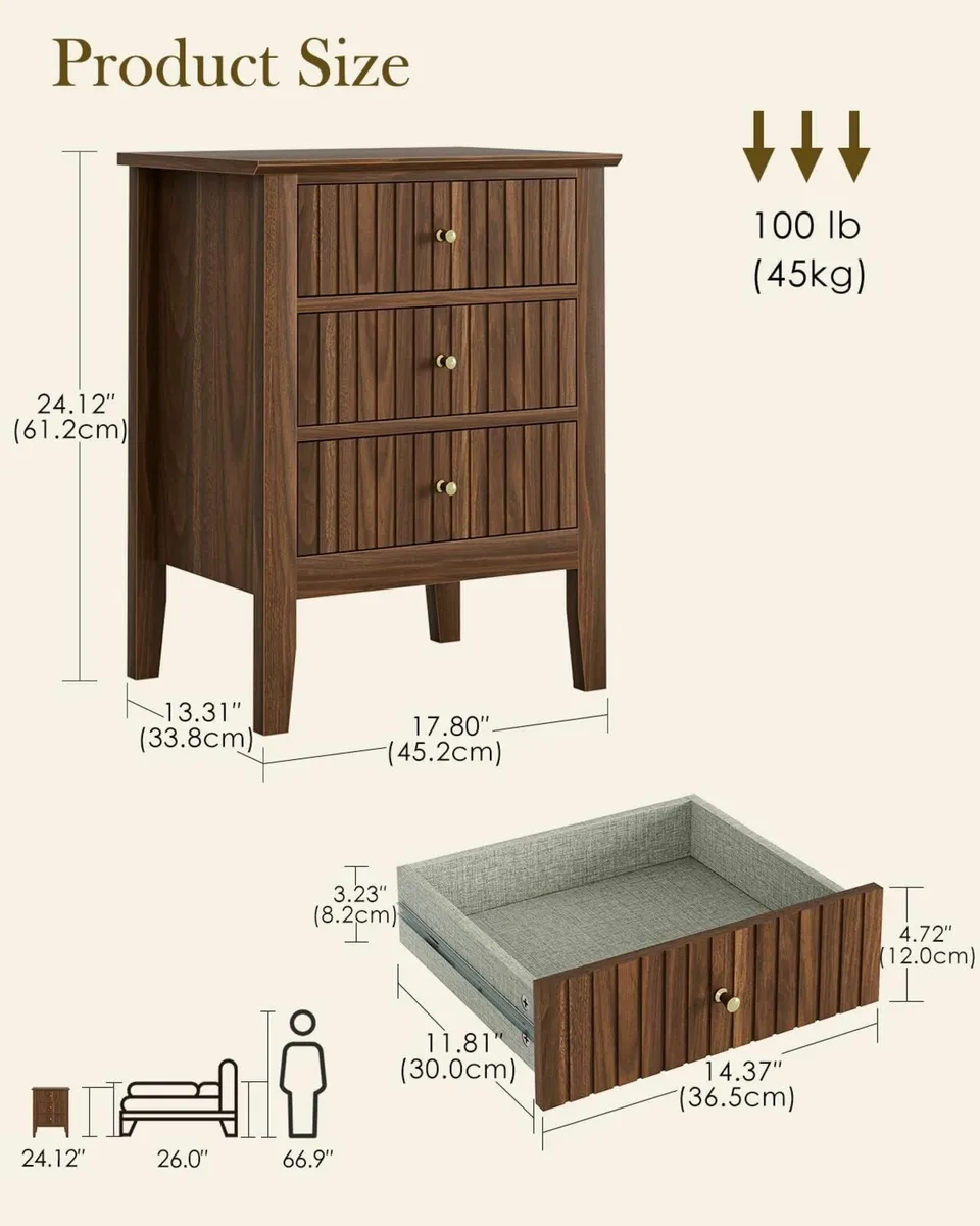 Bedside Cabinet with 3 Drawers Wooden Table - Image 2