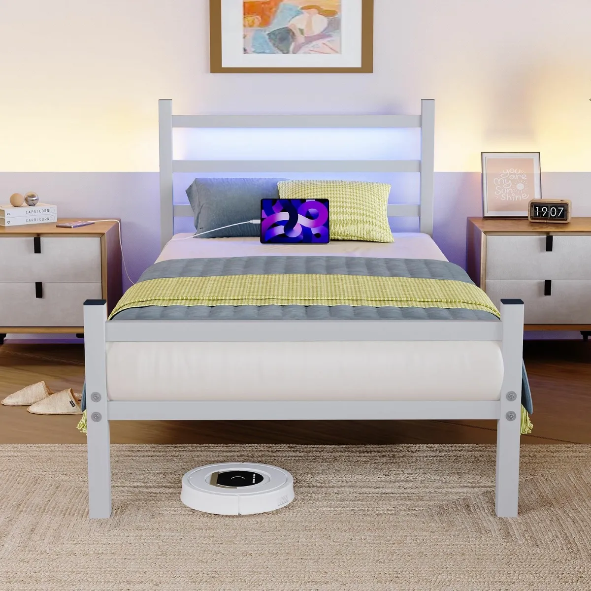 Single Bed Frame with Headboard LED Lights Heavy - Image 1