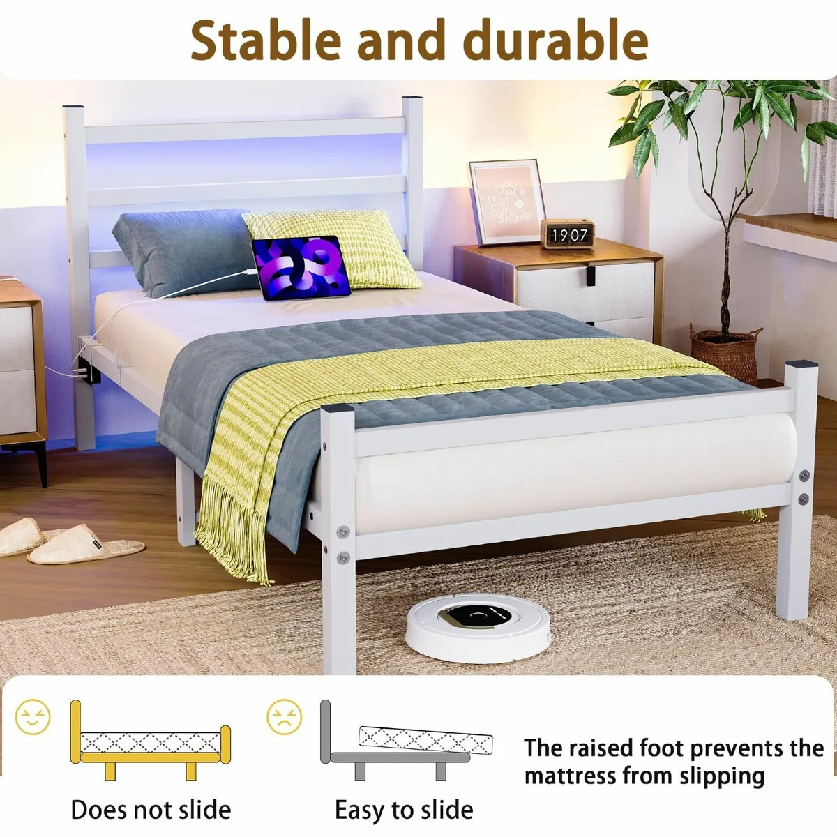 Single Bed Frame with Headboard LED Lights Heavy - Image 4