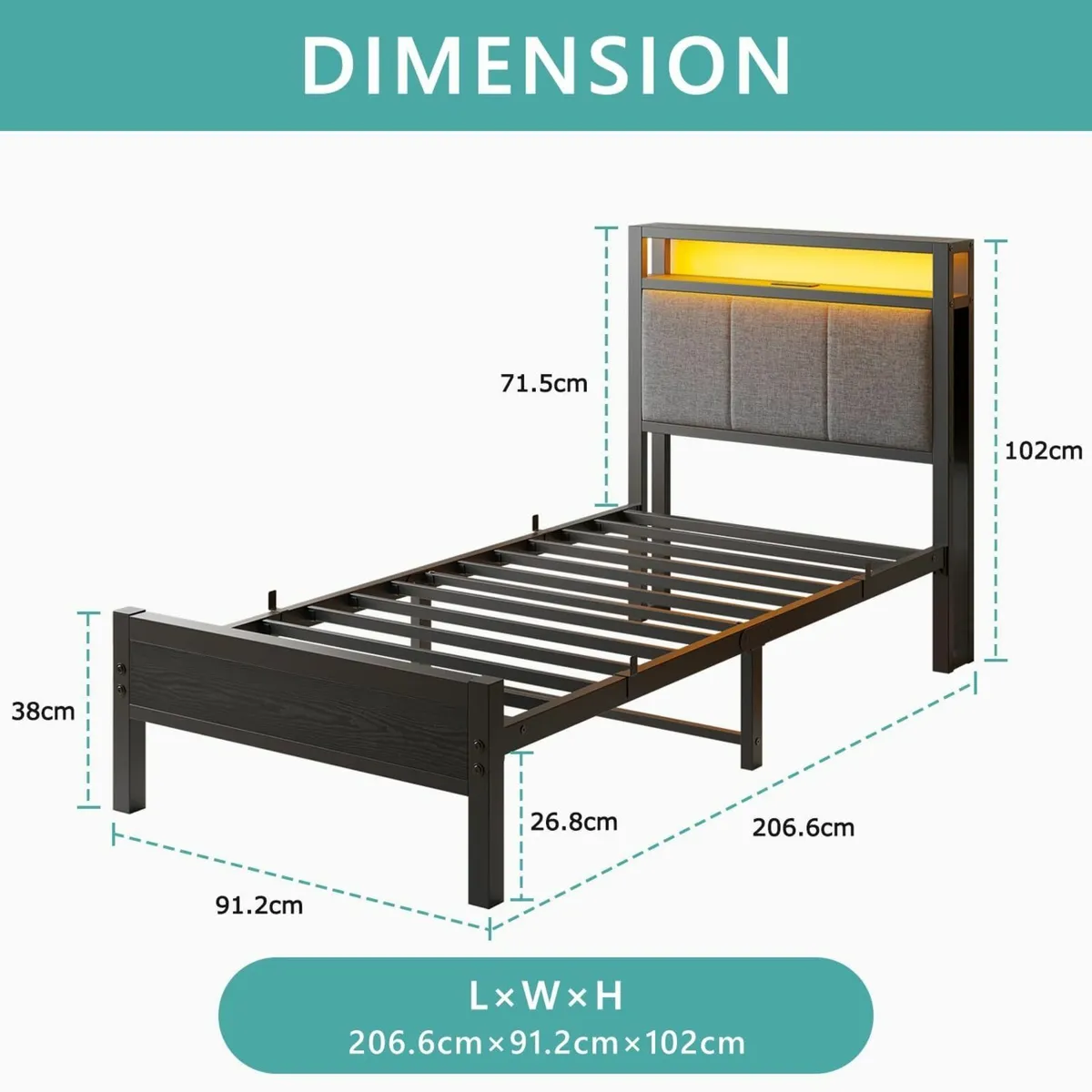 3FT Single Bed Frame with LED Lights and Charging - Image 2