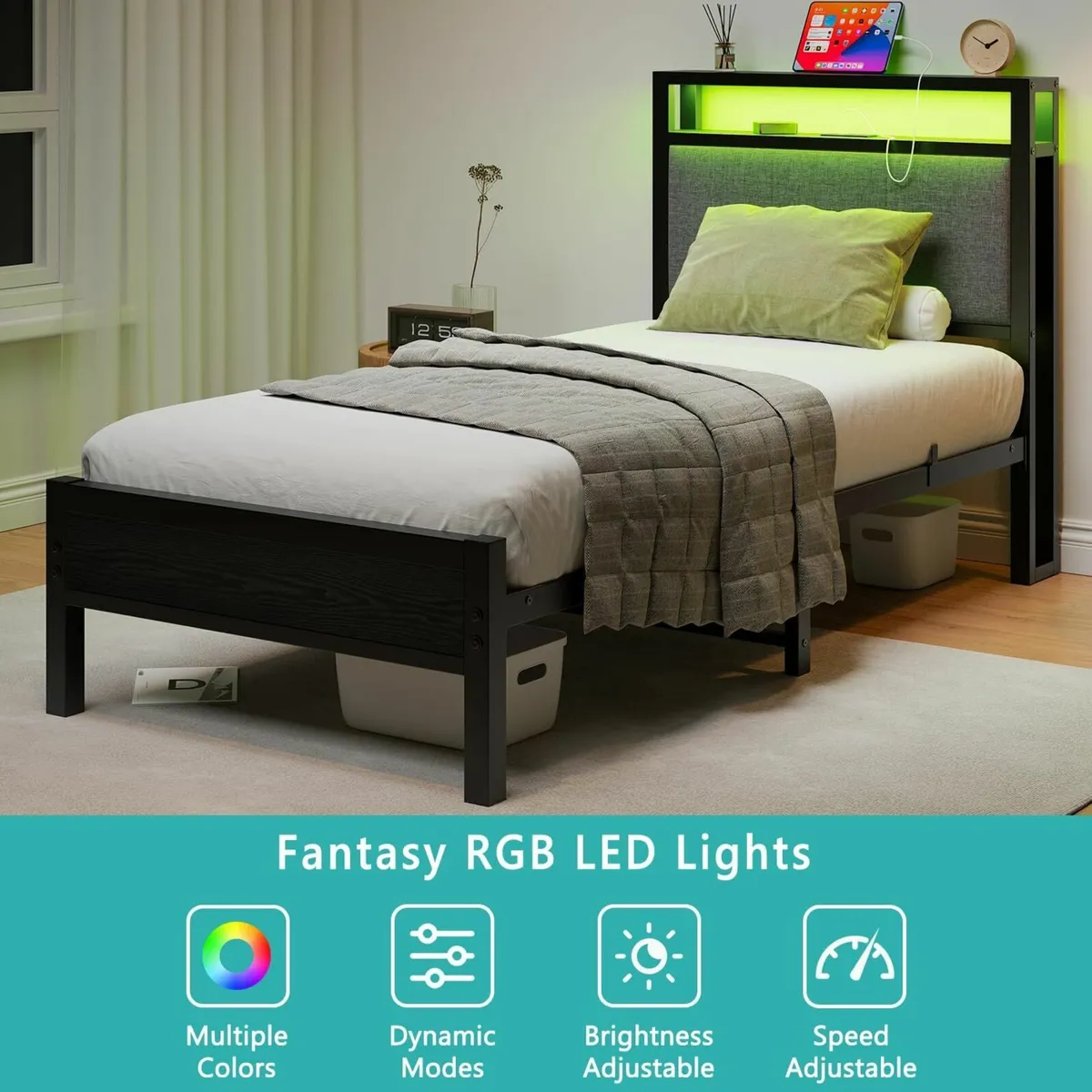 3FT Single Bed Frame with LED Lights and Charging - Image 4