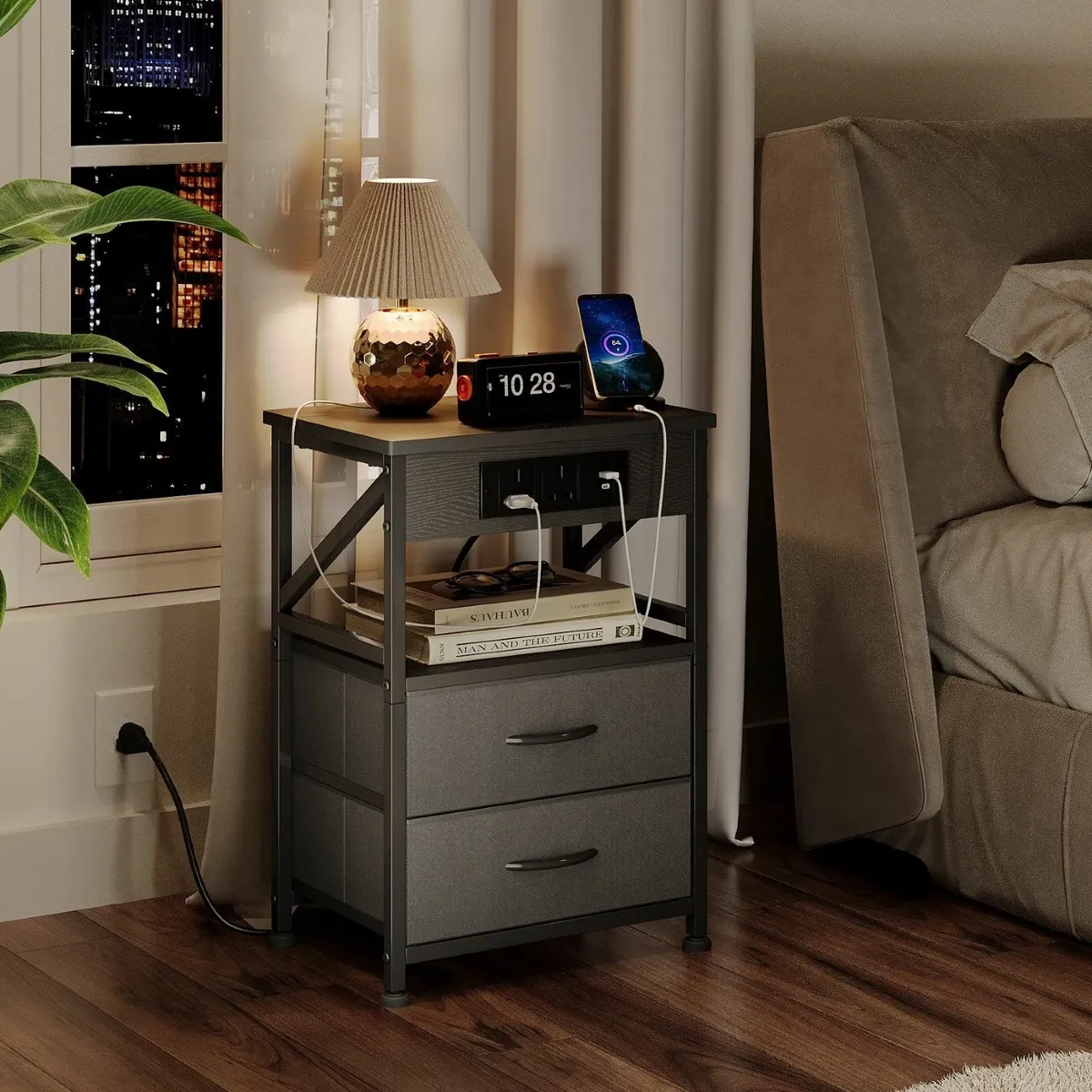 2 PCS Bedside Table with Power Strip Cabinet - Image 1